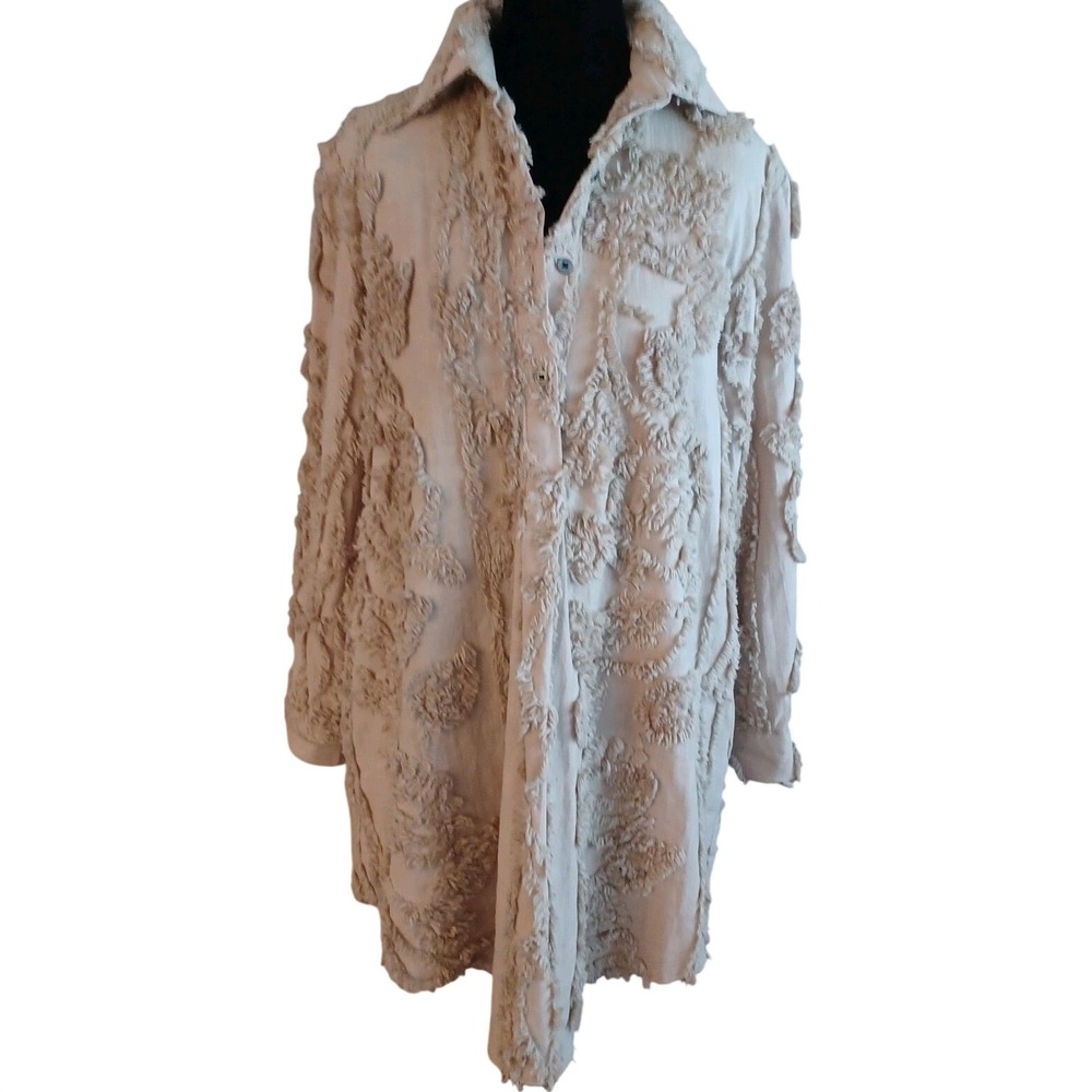 Womens Tan Textured Fringed Embroidery Pullover Longline Shacket DressSize S - Picture 2 of 16